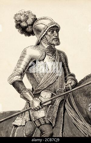 Portrait équestre de Charles V à la bataille de Mühlberg, Espagne. Illustration gravée de la Ilustracion Española y Americana datant du XIXe siècle 1894 Banque D'Images