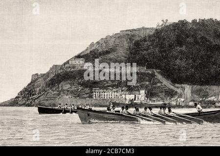 Régates traditionnelles de bateaux à rames à San Sebastian à la fin du XIXe siècle. Pays basque, Espagne. Illustration gravée de la Ilustracion Española y Americana datant du XIXe siècle 1894 Banque D'Images