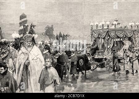 Procession funéraire de Tsar Alexandre III (1845-1894) Empereur de Russie, en direction de la cathédrale Saint-Pierre-et-Paul, Saint-Pétersbourg, Russie. Illustration gravée de la Ilustracion Española y Americana datant du XIXe siècle 1894 Banque D'Images