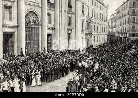 Funérailles de Ceferino González et Díaz Tuñón (Villoria 1831 - Madrid 1894) était un prêtre dominicain qui devint cardinal, archevêque de Séville et Tolède. Connu sous le nom de Fray Zeferino. Espagne. Illustration gravée de la Ilustracion Española y Americana datant du XIXe siècle 1894 Banque D'Images