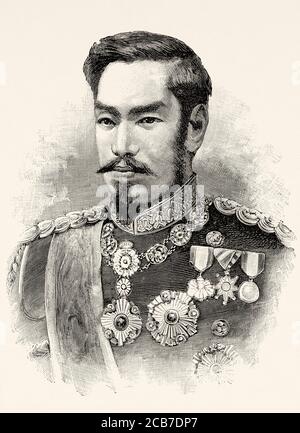 Portrait de l'empereur japonais Meiji (1852-1912) empereur du Japon de 1867 à 1912. Japon. Illustration gravée de la Ilustracion Española y Americana datant du XIXe siècle 1894 Banque D'Images