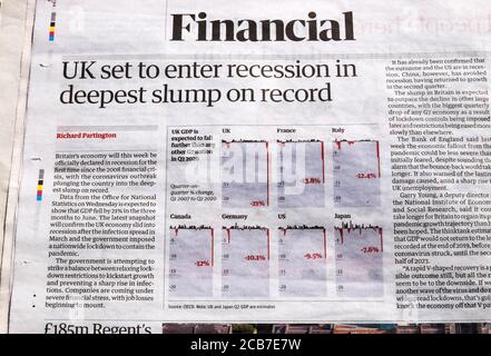 La page financière du Guardian 'UK a prévu d'entrer dans la récession Dans la crise la plus grave jamais enregistrée » après la pandémie de Covid 10 août 2020 à Londres, Royaume-Uni Banque D'Images