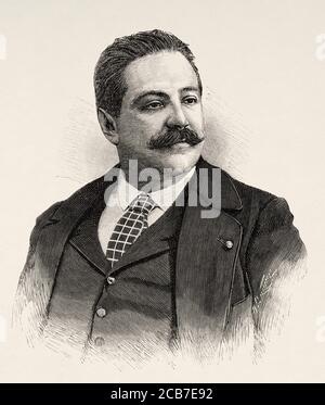 Portrait d'Eduardo Bergés (Saragosse 1852 - Madrid 1923) musicien ténor espagnol, Espagne. Illustration gravée de la Ilustracion Española y Americana datant du XIXe siècle 1894 Banque D'Images