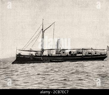 Le bateau de torpille Condor a été envoyé pour aider les travaux de dynamitage. Deuxième explosion du navire à vapeur Cabo Machichaco dans le port de Santander, 21 mars 1894, Cantabrie. Espagne. Illustration gravée de la Ilustracion Española y Americana datant du XIXe siècle 1894 Banque D'Images