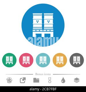 Palette avec des icônes blanches plates de déchets radioactifs sur fond rond de couleur. 6 icônes bonus incluses. Illustration de Vecteur
