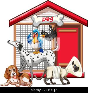 Cage pour chiens avec illustration isolée de dessin animé de groupe d'animaux Illustration de Vecteur