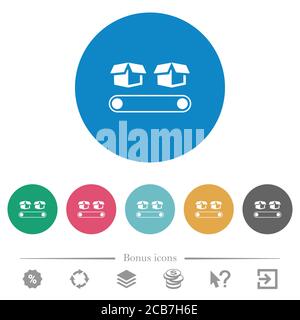 Convoyeur avec des icônes blanches plates sur des arrière-plans de couleur ronde. 6 icônes bonus incluses. Illustration de Vecteur