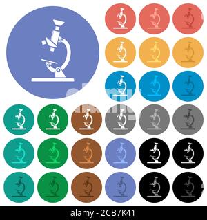 Icônes plates multicolores du microscope sur fond rond. Inclut des variantes d'icônes blanches, claires et sombres pour les effets de survol et d'état actif, ainsi que le bonu Illustration de Vecteur