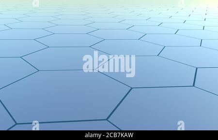 Surface hexagonale de la grille de perspective. Répétition de géométrie. Arrière-plan hexagonal bleu abstrait. Image de rendu 3D Banque D'Images