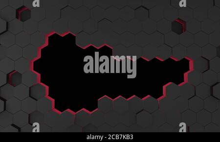 Surface de grille hexagonale. Répétition de géométrie avec espace de copie vide. Arrière-plan hexagonal noir abstrait. Image de rendu 3D Banque D'Images