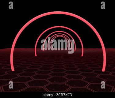 Arrière-plan abstrait lignes luminescentes tunnel, lumières néon, portail rond rouge sur plancher hexagonal. Image de rendu 3D Banque D'Images