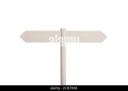 Affiche en bois blanc avec deux panneaux vierges pointant dans différentes directions isolées sur fond blanc. Maquette Banque D'Images