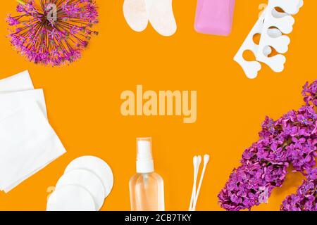Produits d'hygiène, fleurs de lilas et fleurs d'ail disposés comme un cadre. Savon, timbres, assainisseur, lingettes humides, bâtons d'oreilles, tampons de coton Banque D'Images