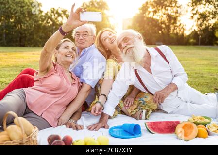 Groupe d'aînés faisant un pique-nique au parc et s'amusant. Banque D'Images