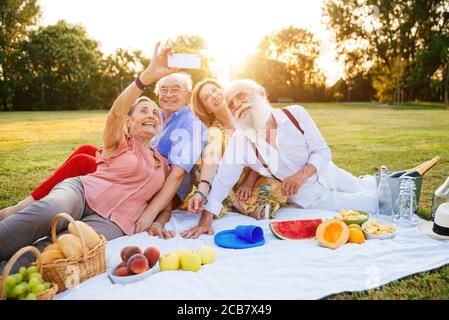 Groupe d'aînés faisant un pique-nique au parc et s'amusant. Banque D'Images