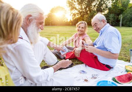 Groupe d'aînés faisant un pique-nique au parc et s'amusant. Banque D'Images