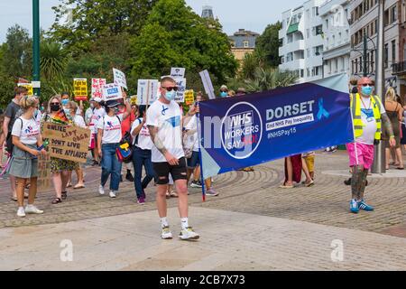 Les travailleurs du ministère de la santé Dorset disent « non » aux manifestations pacifiques contre les inégalités dans le secteur public à Bournemouth, au Royaume-Uni Dorset, en août Banque D'Images