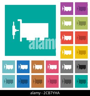 Icônes plates multicolores de la carte d'interface réseau sur des fonds carrés simples. Inclut des variantes d'icône blanche et foncée pour les effets de survol ou actifs. Illustration de Vecteur