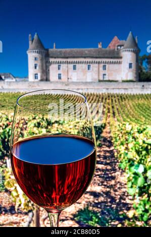 Dégustation de vins au Château français, avec un verre de vin rouge dans le vignoble d'automne, menant au Château de Rully Saone-et-Loire, Côte Chalonnaise, France Banque D'Images