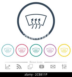 Les icônes de couleur plate de dégivrage du pare-brise sont présentées dans des contours ronds. 6 icônes bonus incluses. Illustration de Vecteur