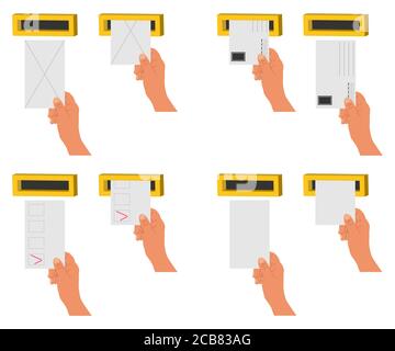 Envoyez à la main une lettre et des espaces vides dans une boîte aux lettres. Icônes de dessin animé vectoriel plates isolées sur un fond blanc. Illustration de Vecteur