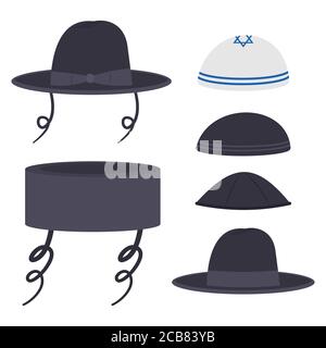 Ensemble de dessins animés vectoriels de chapeaux traditionnels juifs isolés sur fond blanc. Illustration de Vecteur