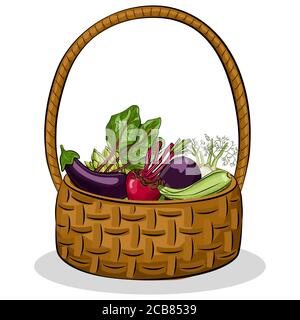 Panier de légumes contenant des aliments biologiques frais et sains. Illustration de dessin animé vectoriel isolée sur fond blanc. Illustration de Vecteur
