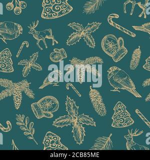 Motif d'arrière-plan vectoriel de Noël dessiné à la main sans couture. Renne, strobile, Holly, Mistletoe et gants Sketches Card ou Cover Template. Or Illustration de Vecteur