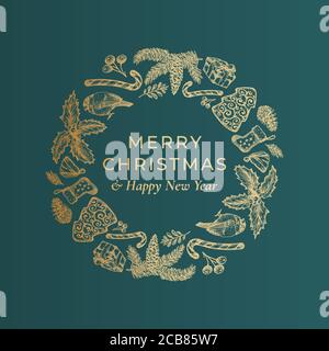 Joyeux Noël et joyeux nouvel an main dessin couronne, bannière ou modèle de carte. Étiquette vectorielle de vacances abstraite avec Typographie rétro et or Illustration de Vecteur