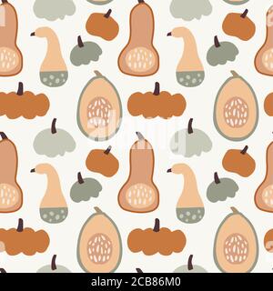 Motif sans couture avec différentes citrouilles entières et coupées colorées. Thanksgiving ou concept de Halloweeen. Carreaux de légumes d'automne pour le textile, le tissu Illustration de Vecteur