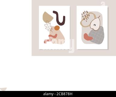 Jeu de cartes de vœux artistiques d'automne, invitations. Couper les poires aux fruits, les feuilles de dessin au trait et les formes géométriques abstraites. Dessins vectoriels modernes et minimalistes Illustration de Vecteur