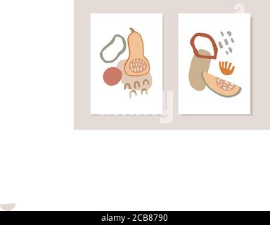 Jeu de cartes de vœux artistiques d'automne, invitations. Couper des citrouilles légumes, des fleurs et des formes géométriques abstraites. Dessins vectoriels modernes et minimalistes Illustration de Vecteur