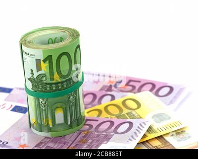 Beaucoup de billets en euros et des billets roulés de cent euros Banque D'Images