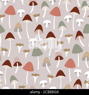 Motif sans couture avec divers champignons entiers et coupés colorés. Arrière-plan de l'illustration du vecteur des champignons agariques, chanterelles et galerina. Carreaux d'automne Illustration de Vecteur