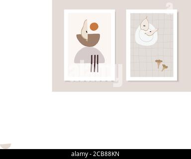 Cartes de vœux artistiques d'automne, invitations. Couper les poires sur l'assiette, les champignons et les formes géométriques abstraites. Dessins vectoriels modernes et minimalistes Illustration de Vecteur