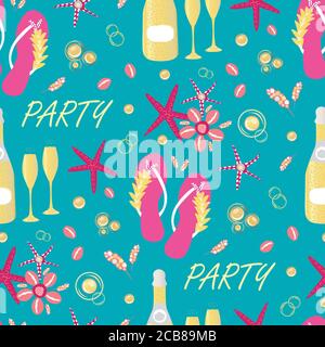 Fond de motif vectoriel transparent et festonné. Luxueux fond rose, or, bleu aqua avec texte, sandales chaussures, bouteilles de champagne, fizzing Illustration de Vecteur