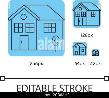Ensemble d'icônes linéaires bleu d'origine. Hypothèque de maison résidentielle. Assurance de biens immobiliers. Illustrateur vectoriel 256, 128, 64 et 32 px personnalisable Illustration de Vecteur