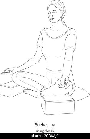 Sukhasana ou pose facile avec des blocs et un oreiller. Pratique de yoga. Vecteur. Illustration de Vecteur