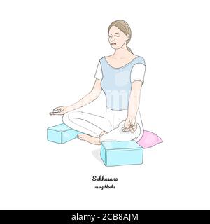 Sukhasana ou pose facile avec des blocs et un oreiller. Pratique de yoga. Vecteur. Illustration de Vecteur