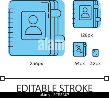 Ensemble d'icônes linéaires bleues du carnet d'adresses. Agenda personnel. Organiseur professionnel avec signets. Illustration vectorielle 256, 128, 64 et 32 px personnalisable Illustration de Vecteur