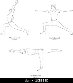 Ensemble de Virabhadrasana I, II, III (guerrier I, II, III). Vecteur. Illustration de Vecteur