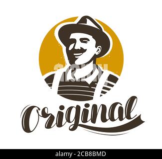 Symbole homme avec chapeau. Brasserie, cave de vinification, logo de la ferme Illustration de Vecteur