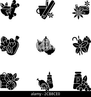 Herbes culinaires et épices glyphes noirs icônes sur l'espace blanc. Arôme aromatique. Assaisonnements asiatiques. Muscade et cannelle. Gingembre et clous de girofle. Silhouet Illustration de Vecteur