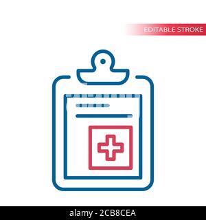 Icône de vecteur de ligne mince du presse-papiers de la carte patient. Carte papier pour documents hospitaliers avec symbole de contour médical croisé, contour modifiable. Illustration de Vecteur