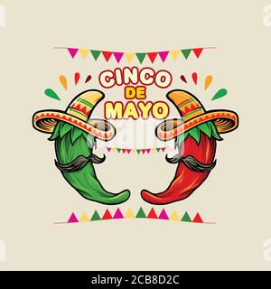 Dessin-animé Cinco de Mayo Vert mexicain Rouge piment rouge chaud Illustration de Vecteur