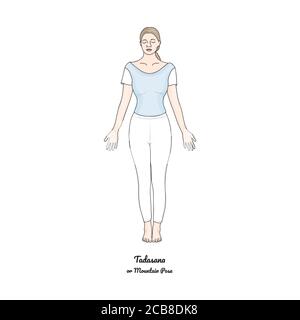 Tadasana ou pose de montagne. Variation de la paume vers l'avant. Vecteur. Illustration de Vecteur