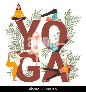 Jeu d'illustrations vectorielles pour exercices de yoga. Dessin animé plat actif personnes pratiquant yogi asana, étirant, faisant calme méditation de lotus à côté de grand mot de yoga. Activité saine de style de vie isolée sur blanc Illustration de Vecteur