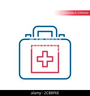 Icône de vecteur de ligne mince du sac ou de l'étui pour médecin. Sac de trousse de premiers soins avec symbole médical en croix, contour modifiable. Illustration de Vecteur