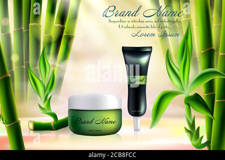 Illustration vectorielle Bamboo Cosmetics. Récipient en tube réaliste pour crème soin du visage, maquette de cosmétologie avec ingrédient organique tropical, bâtonnets de bambou vert et fond de feuilles Illustration de Vecteur