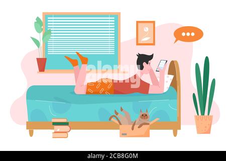 Personnes avec illustration vectorielle plate du téléphone. Dessin animé joyeux garçon adolescent personnage allongé sur le lit dans la chambre à coucher de l'appartement à la maison, à l'aide d'un smartphone pour le chat, réseau social isolé sur blanc Illustration de Vecteur